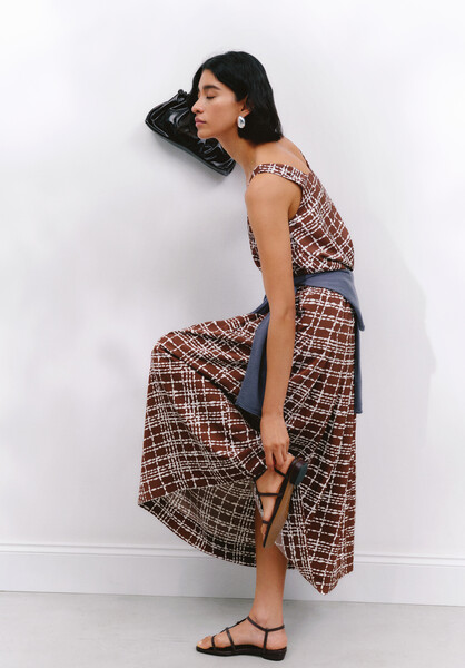 Satin Twill Pleated Midi Skirt