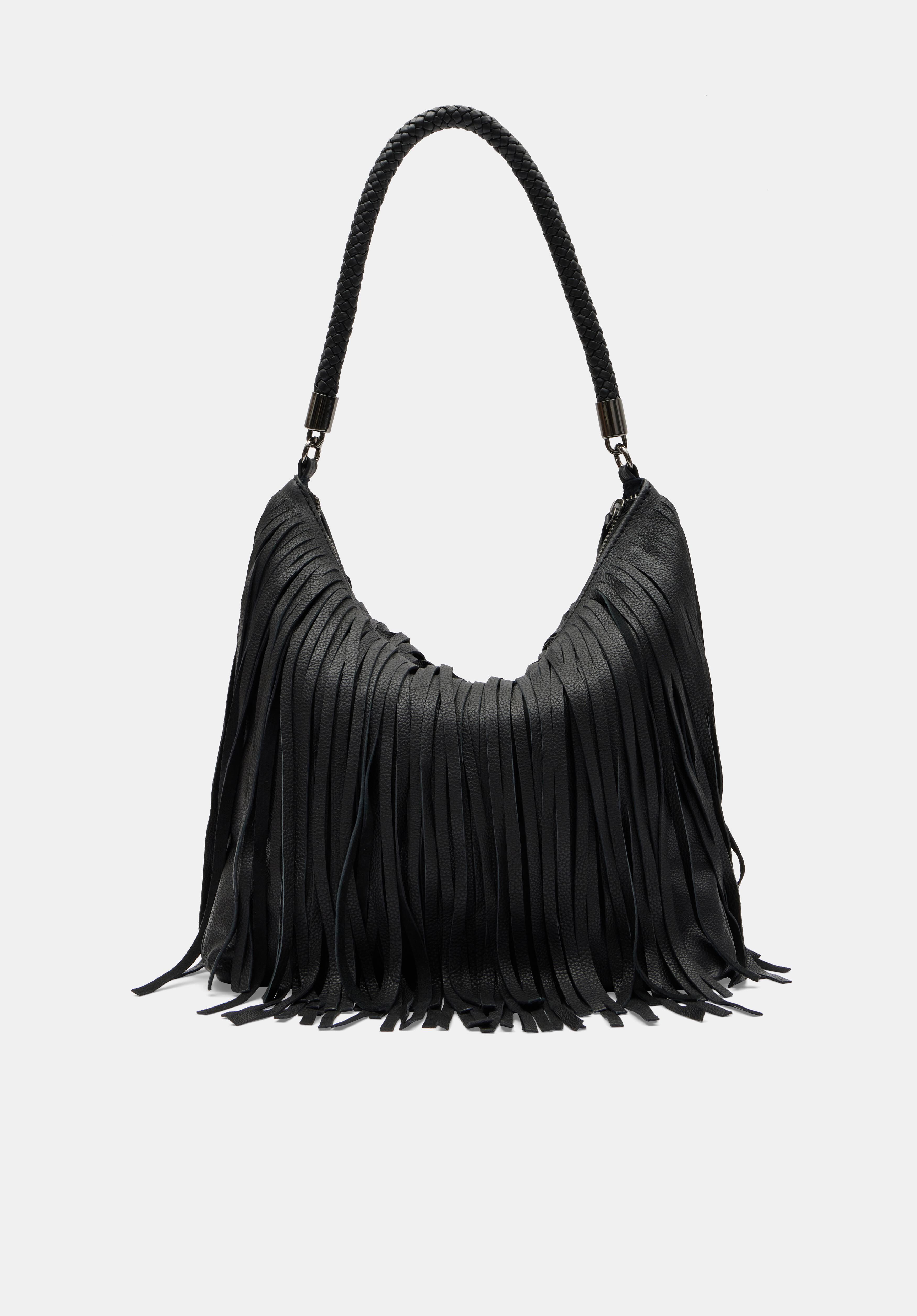 Black leather fringe purses outlet