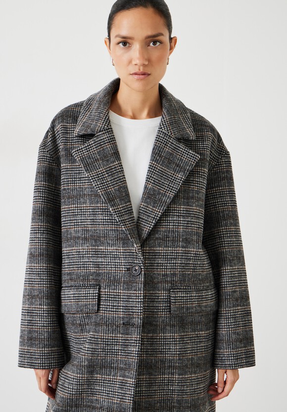 Nell Relaxed Wool Blend Check Coat, Black/Brown