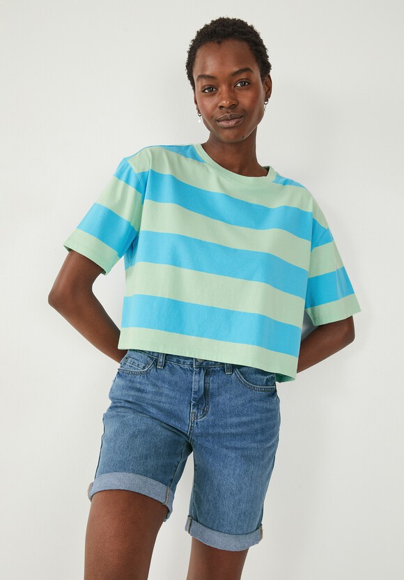 Boxy Stripe T-Shirt | Blue / Green Stripe | hush