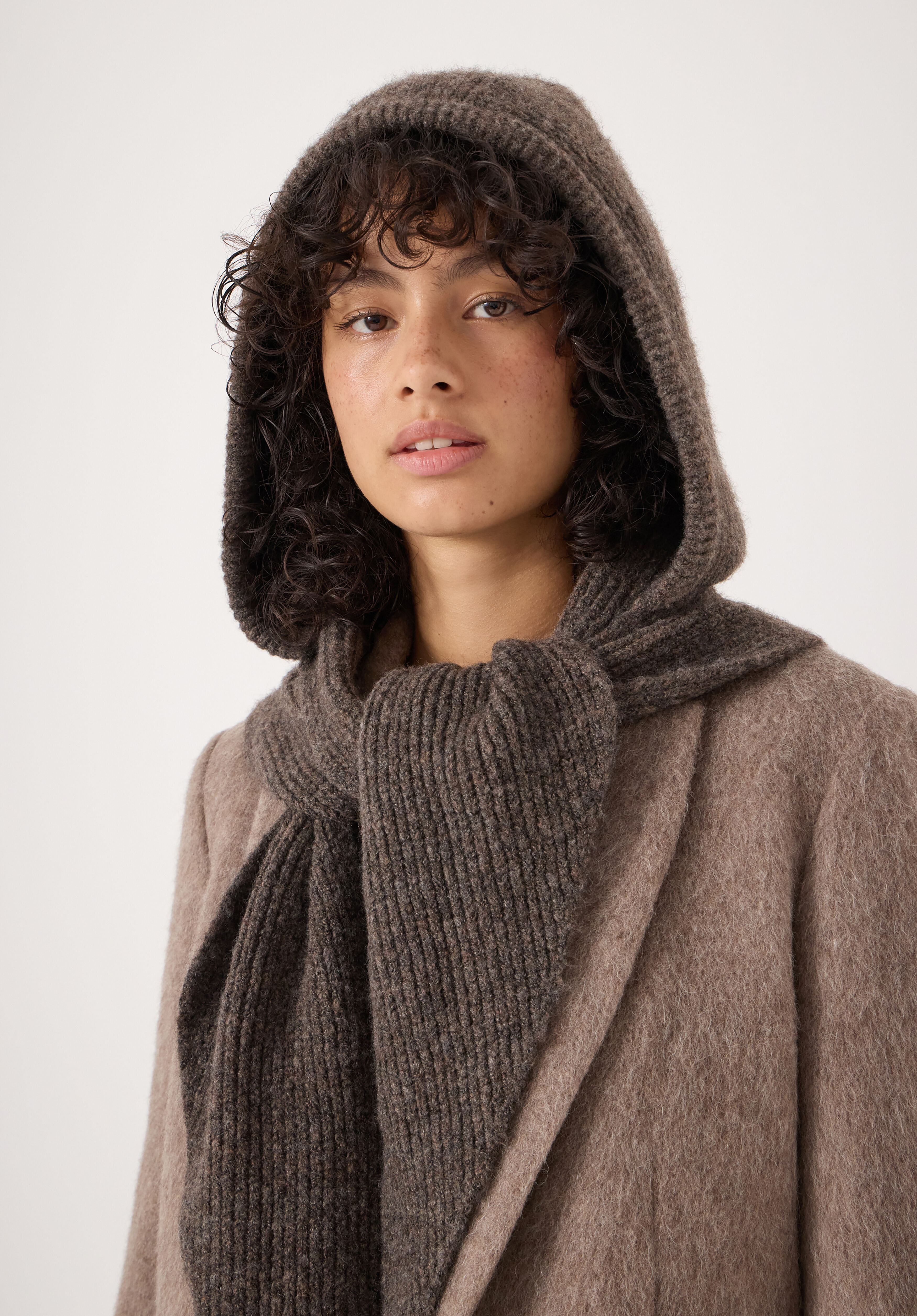 Knitted Hooded Scarf | Light Brown | hush