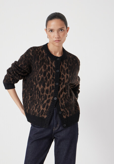 Crew Neck Animal Jacquard Cardigan with Mohair