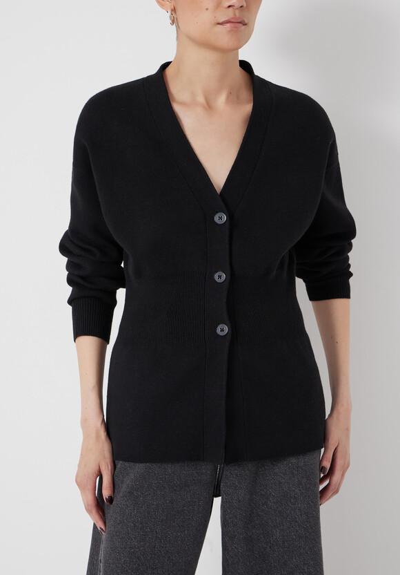 V Neck Ribbed Detail Cardigan with Wool