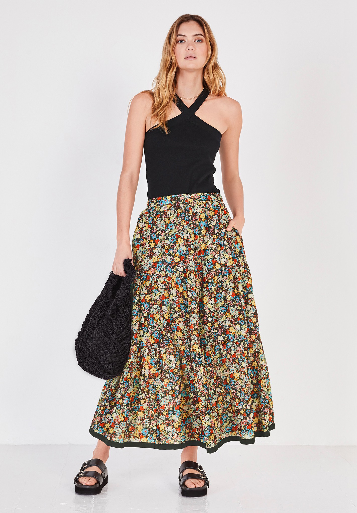 Hush dark-graphic-floral Tiered Cotton Maxi Skirt Dark floral