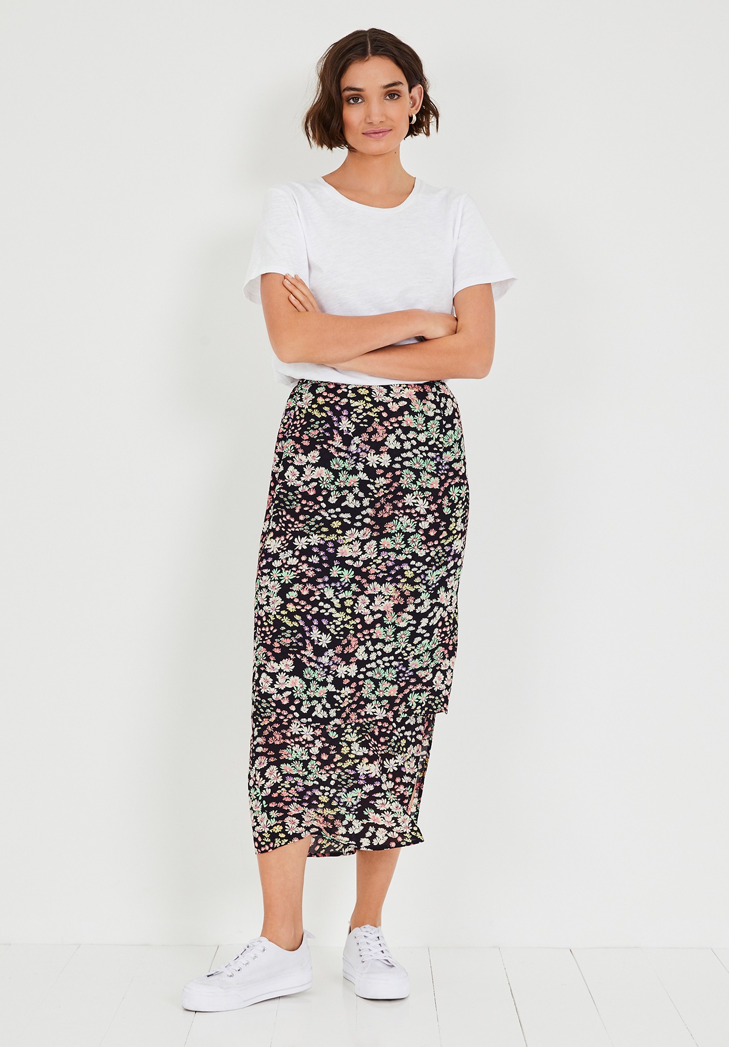 Hush Ditsy-Daisy-Black Brooks Layered Midi Skirt Floral Black | hush | UK
