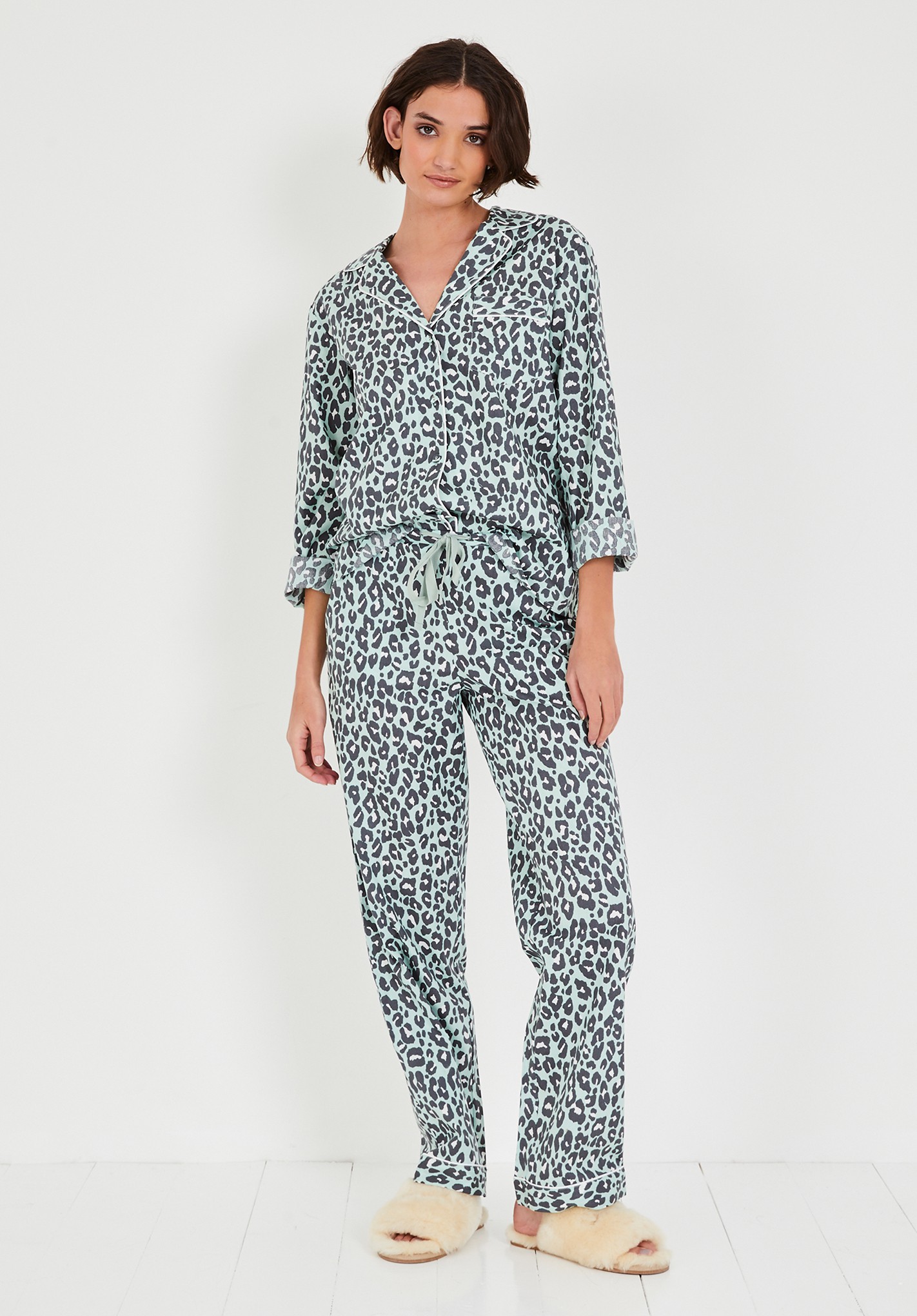 Hush bold-leopard-sea-mist Isla Printed Cotton Pyjamas  Leopard/Green