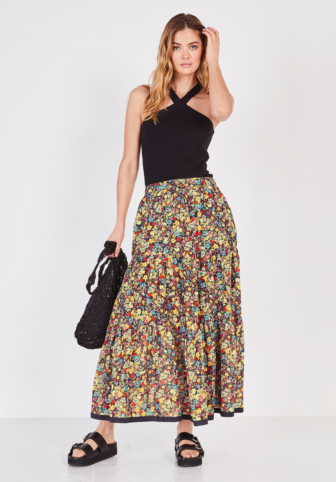 hush dark-graphic-floral Tiered Cotton Maxi Skirt Dark Graphic Floral