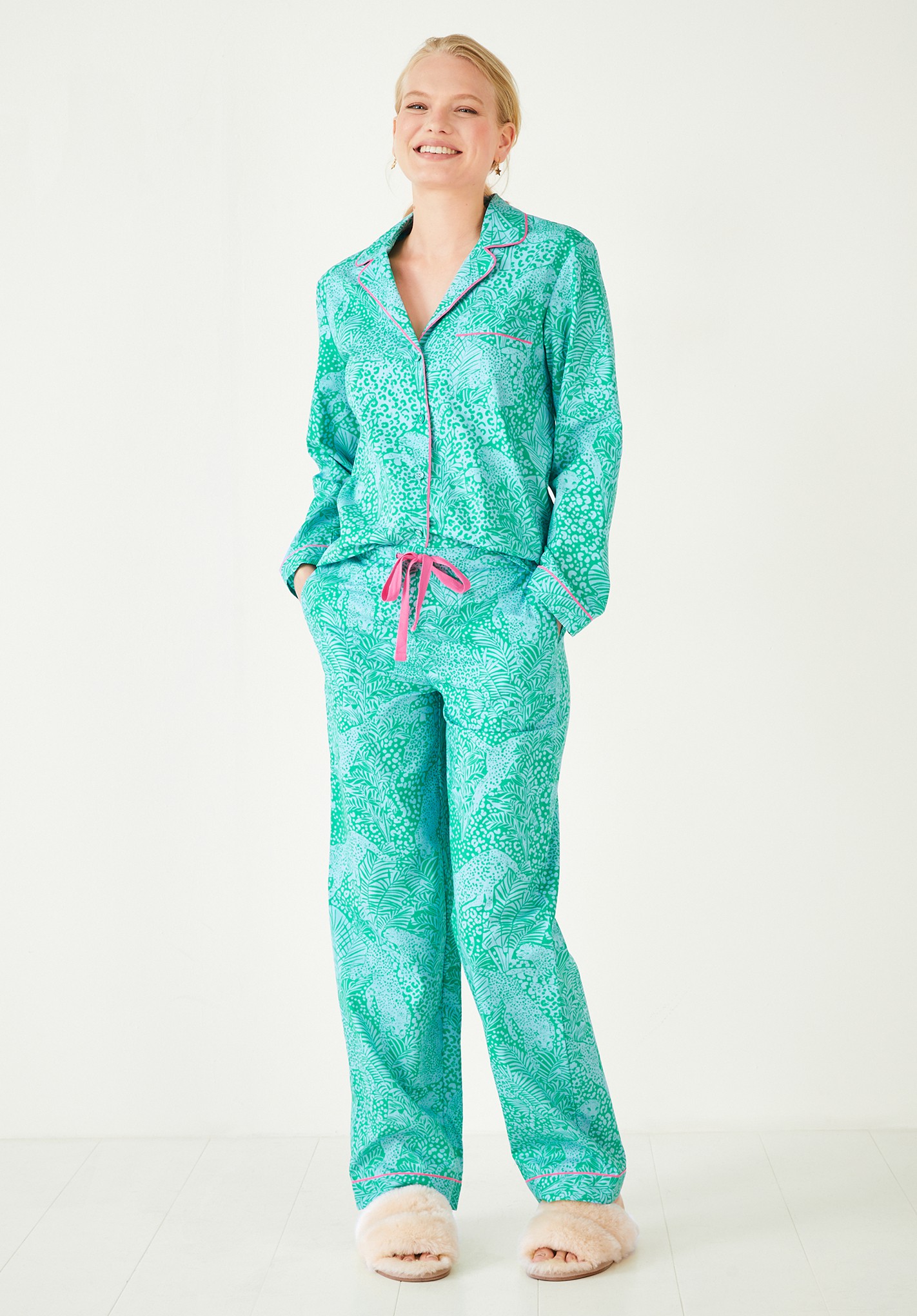 Hush Isla Printed Cotton Pyjama Set Green/Blue
